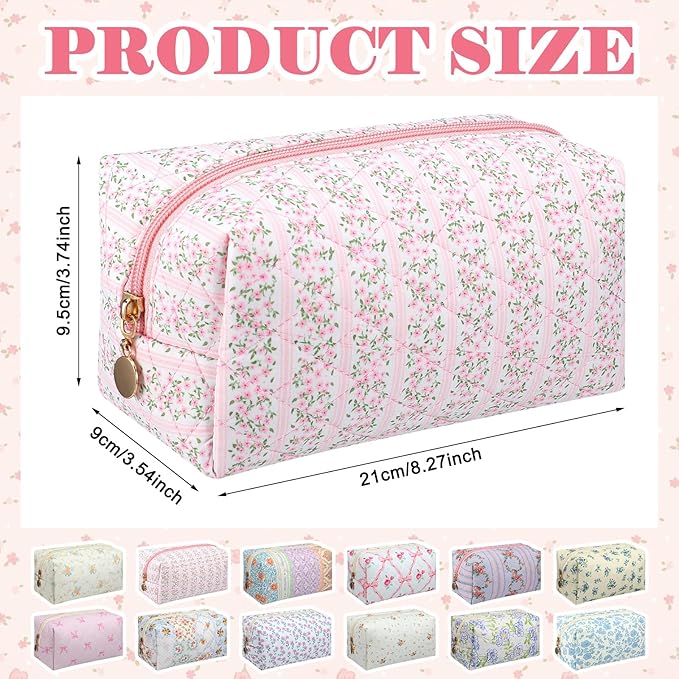 Qinyoung 12 Packs Quilted Makeup Bag Flower Theme Toiletry Cosmetic Bag Aesthetic Makeup Pouch Floral Emergency Kit Pouch for Traveling