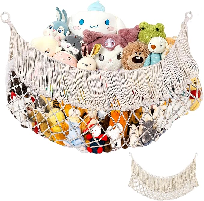 Cotton Stuffed Animal Storage,Stuffed Animal Hammock,Boho Stuffed Animal Net for Bedroom(Cream-Colored)