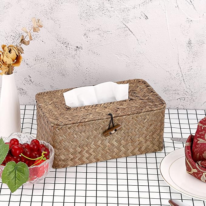 Sumnacon Tissue Box Cover Rectangle Tissue Box Seagrass Tissue Box Holder Woven Tissue Holder Decorative Tissue Cover for Bathroom Tissue Box Cover Rectangular for Home Office Table Coffee