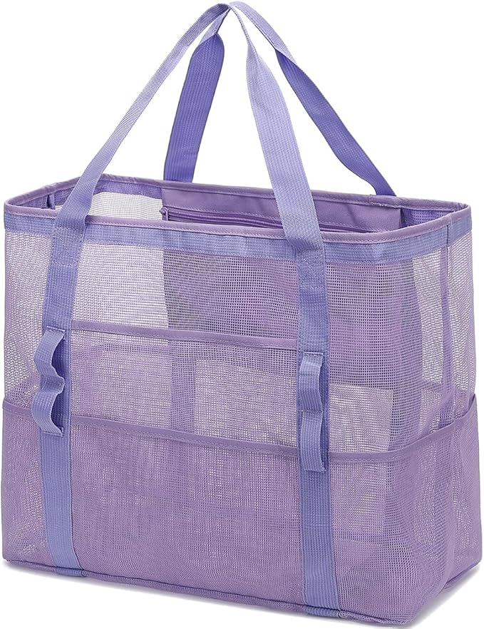 Fammart Mesh Beach Bag, Large Beach Tote Bags with Zipper, Toys Pool Bag for Family Travel Vacation Cruise Essentials