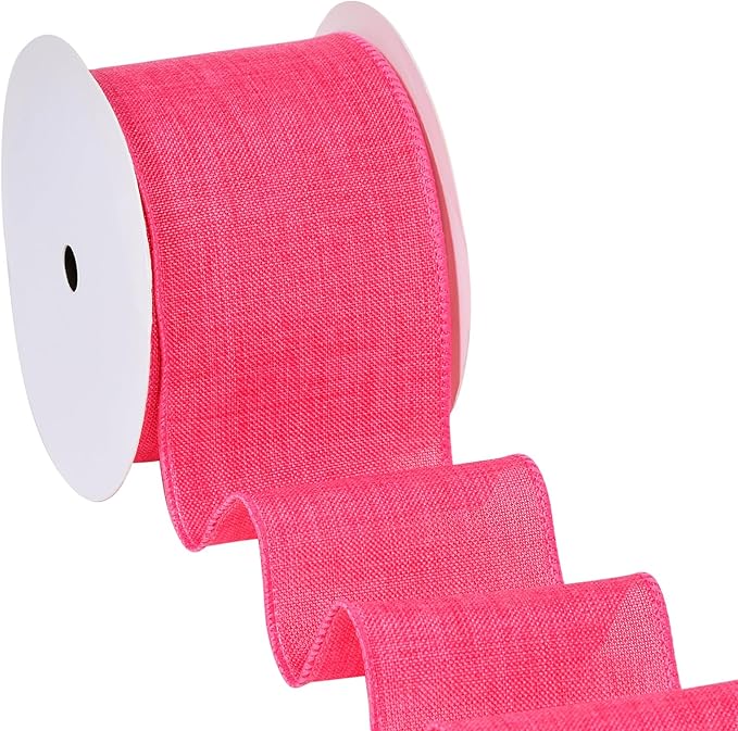 Ribest Hot Pink Linen Wired Ribbon, 2.5 Inch × 10 Yard, Burlap Wire Ribbon for Wreaths Bows Making Crafts Christmas Tree Decoration Gift Wrapping