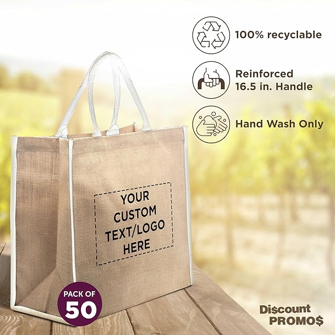 DISCOUNT PROMOS Custom Fresno Eco Friendly Jute Tote Bags Set of 50, Personalized Bulk Pack - Reusable, Great for Tradeshows, Grocery, Shopping and Outdoor Events - Light Beige