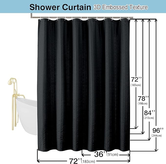 Aiyufeng Moga Extra Long Black Shower Curtain 96 Inch Long, Embossed Texture Fabric Bathroom Shower Curtain, Large Hotel Bath Curtain with 12 Holes, 72Wx96H, Black