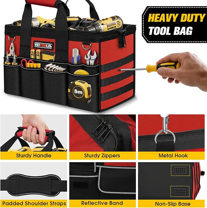 16-Inch Heavy Duty Tool Bag, 19-Pockets Tool Box Organizer, Portable Toolbag W/Soft Handle for Organized Storage, Mechanic Gifts for Him Men Husband Valentines Day, Wide Mouth Electrician Toolbox, Red