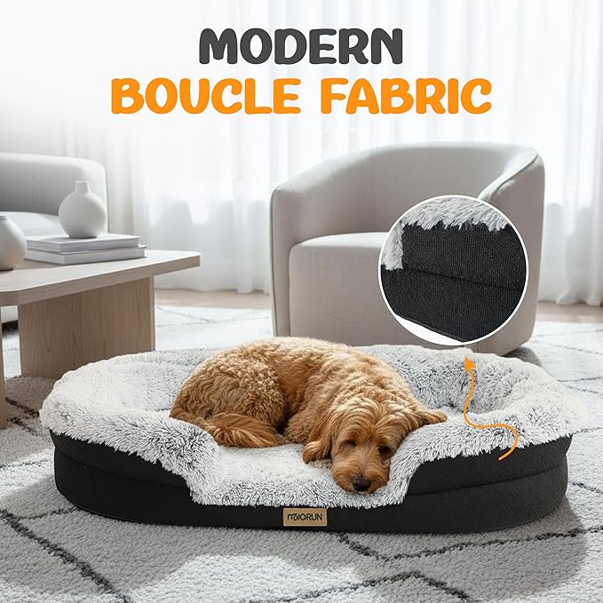 Miorun Fluffy Orthopedic Dog Bed for Extra Large & Jumbo Dogs, Calming Plush Sofa Bed with Curved Bolster Support, 48" Cozy Oval Pet Donut Bed with Washable Cover, Gray
