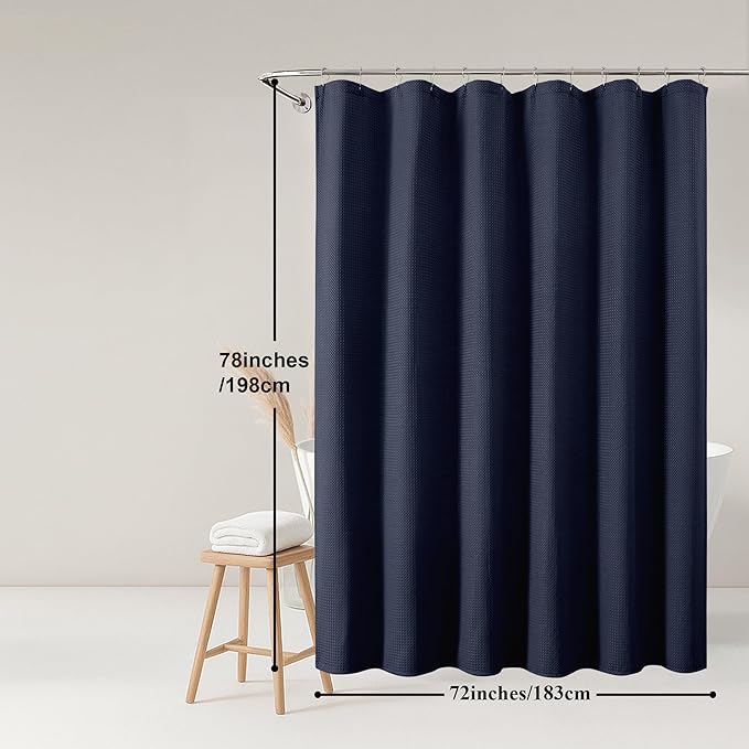 OWENIE Navy Blue Waffle Weave Fabric Shower Curtain, Textured Heavy Cloth Shower Curtains for Bathroom, Water Repellent Soft Hotel Spa Luxury Elegant Bath Curtain, Machine Washable, 72x78 Inch