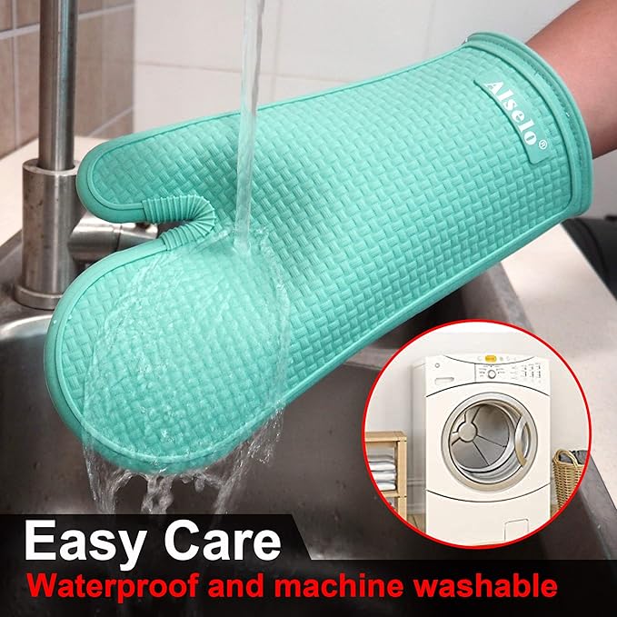 Oven Mitts Heat Resistant Silicone Kitchen Gloves for 550 Degrees with Waterproof and Non-Silp, Set of 2 Oven Gloves for Baking Cooking Barbecue Microwave Machine Washable (Blue, 2)