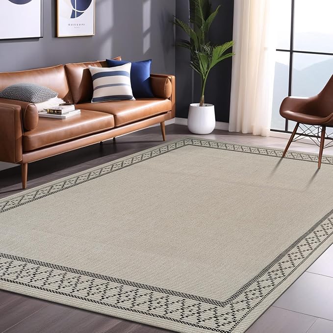 Easy Jute Rugs 5x7 Frame Bone Color Living Room Indoor Outdoor Area Rug for Patio and Kitchen Rug High Traffic Washable Easy to Clean Solid Boho Woven Design Carpet (5 x 7)