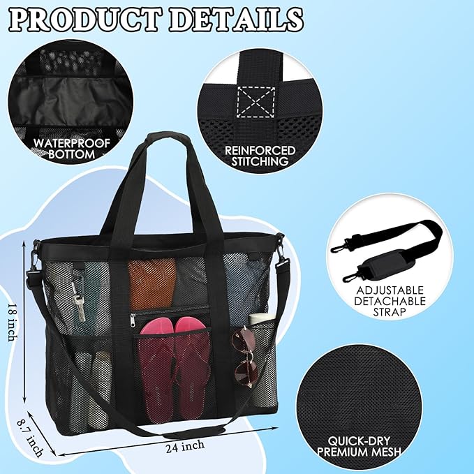 GYEUKHAM Mesh Beach Bag - Large Beach Tote Bag with Multiple Pockets for Family Beach Bag for Toys & Vacation Essentials