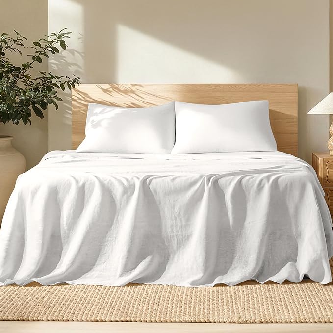 Bare Home Twin Extra Long Sheet Set - Luxury 100% European Linen - Deep Pockets - Easy Fit - 3 Piece Set - Bedding Sheets & Pillowcases (Twin XL, Soft White)