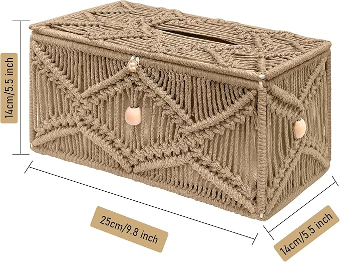KaloKalo Handmade Tissue Box Cover Rectangle Decorative Macrame Boho Tissue Holder Cotton Rope Woven Napkin Facial Paper Organizer Bohemian Desk Storage Container with Buckle Wood Beads (Khaki)