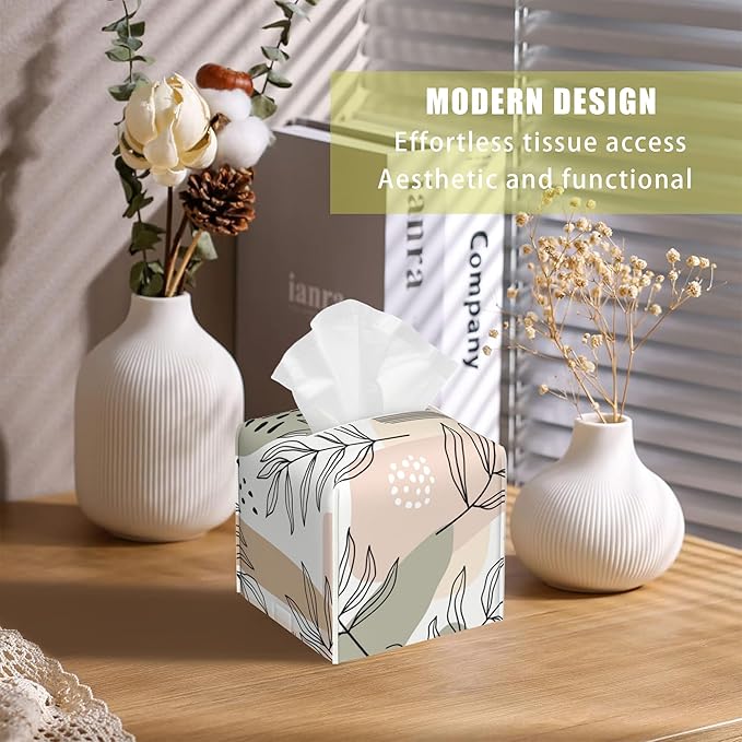 BLYKVGHQ Square Tissue Box Cover Boho Tropical Leaves Tissue Box Holder Facial Cube Paper Dispenser Leather Decorative Organizer Home Office Desk Decor, 5.2"x5.2"x5.2"