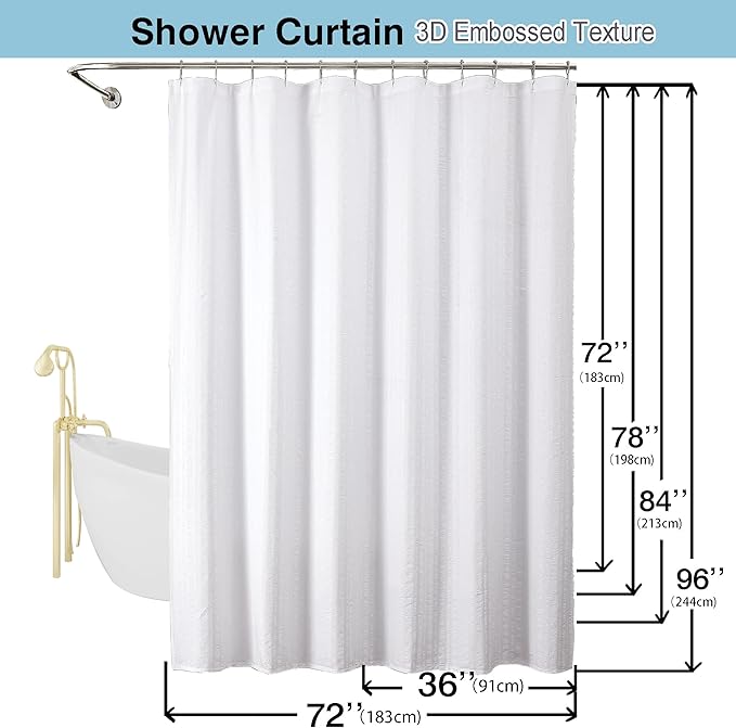 Aiyufeng Extra Long White Shower Curtain 96 Inch Long, Embossed Texture Fabric Bathroom Shower Curtain, Large Hotel Bath Curtain with 12 Holes, 72x96, White