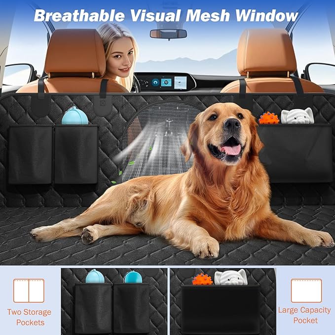 Tivray Back Seat Extender for Dogs, Dog Car Seat Cover for Back Seat Hard Bottom - Holds 330lbs Waterproof Cover for Dogs with Mesh Window & Pocket, Dog Hammock for Car, Small Truck, Black + Black