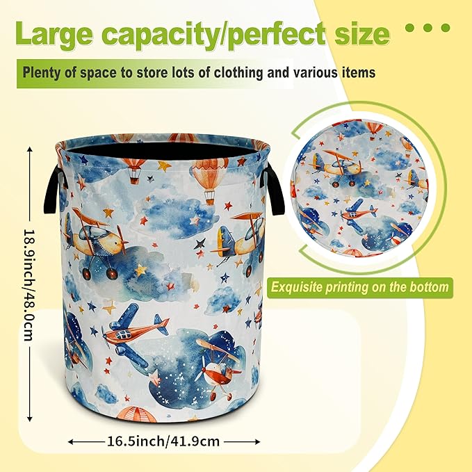 Airplane Laundry Basket Hot Air Balloon Clouds Foldable Waterproof Oxford Cloth Funny Tote Bag Laundry Hamper Clothes Storage Bucket Toy Organizer For Bathroom/Laundry Storage/Bedroom 18.9x16.5 Inch