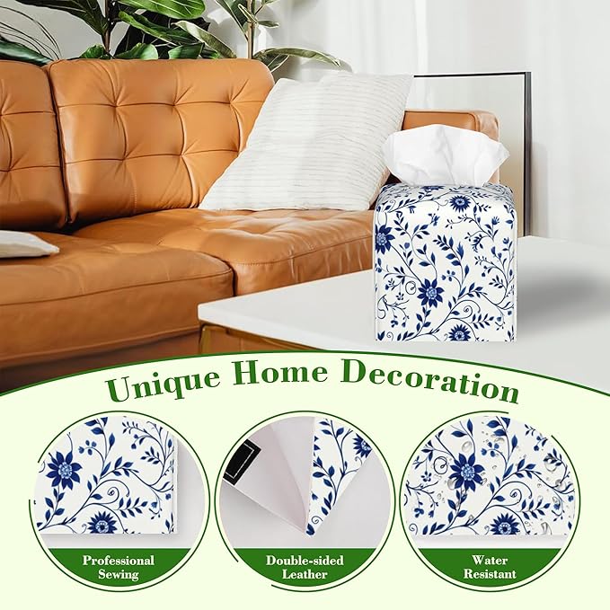 Blue and White Floral Tissue Box Cover,Abstract Boho Flowers Botanical Waterproof Leather Square Tissue Box Cover Case Facial Paper Organizer Dispenser Box Holder for Home Office Bathroom Vanity