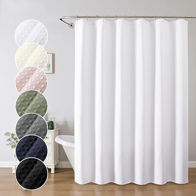 OWENIE White Shower Curtain, Waffle Weave Heavy Fabric Shower Curtain for Bathroom, Waterproof Thick Textured 420G/M Soft Elegant Luxury Hotel Spa Bath Curtains, Machine Washable, White, 72W x 72L