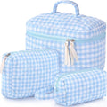 Paterr Makeup Bag Set 3 Pcs Large Quilted Cotton Make up Bags for Women Cosmetic Travel Toiletry Organizer Pouch Cute Aesthetic Storage Purse(Blue,White and Blue Plaid)