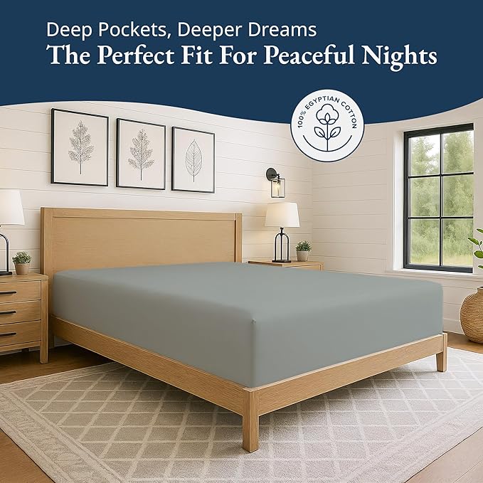 Lane Linen 100% Egyptian Cotton California King Size Fitted Sheet Only (72"x84" + 15") - Elegant Sateen Weave, Ultra Soft, Breathable, Highly Durable, Deep Pockets Upto 17" - Mineral