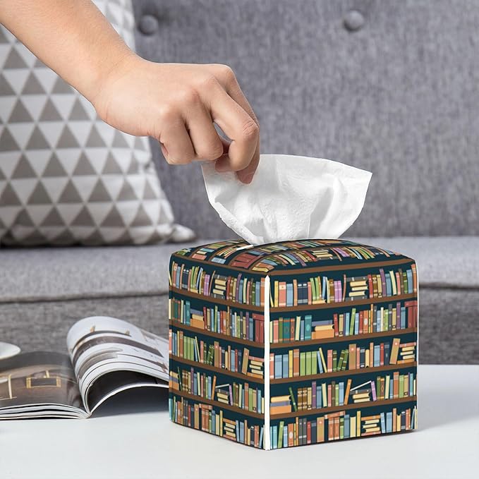 POIUBLE Tissue Box Holder Bookshelves Full of Books Tissue Box Cover Square Leather Tissue Holder Organizer Portable Decorative Facial Paper Case for Home Office Bathroom Vanity Countertop