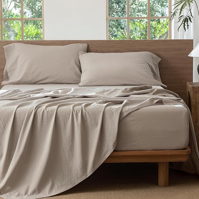 MooMee Bedding Sheet Set 100% Washed Cotton Linen Like Textured Breathable Durable Soft Comfy (Heathered Cream Grey, Queen)