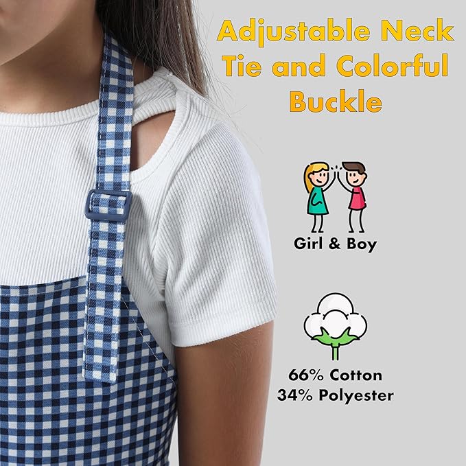 Kids Aprons for Cooking Waterdrop Resistant Aprons for Girl & Boy Toddler Apron for Painting, Gardening, Baking, Smock (Plaid Navy Blue, Medium (6-10 years)