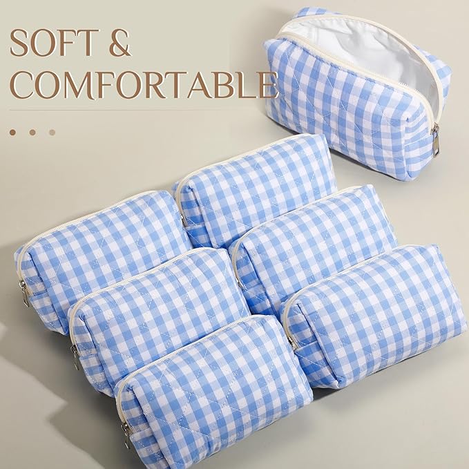 Paterr 6 Pcs Quilted Makeup Bag Bulk for Women Girls Birthday Valentine's Day Bridesmaid Gifts Cute Cotton Cosmetic Pouch Bow Floral Coquette Aesthetic Travel Toiletry Bag(Plaid,Blue)