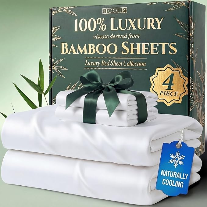 DECOLURE 100% Viscose Derived from Bamboo Sheets Twin Size - Luxury 4 Pc Naturally Cooling Sheets, Ultra Soft Bed Set - Deep 17" Pockets, Durable Double Stitching, Oeko Tex Standard (White)