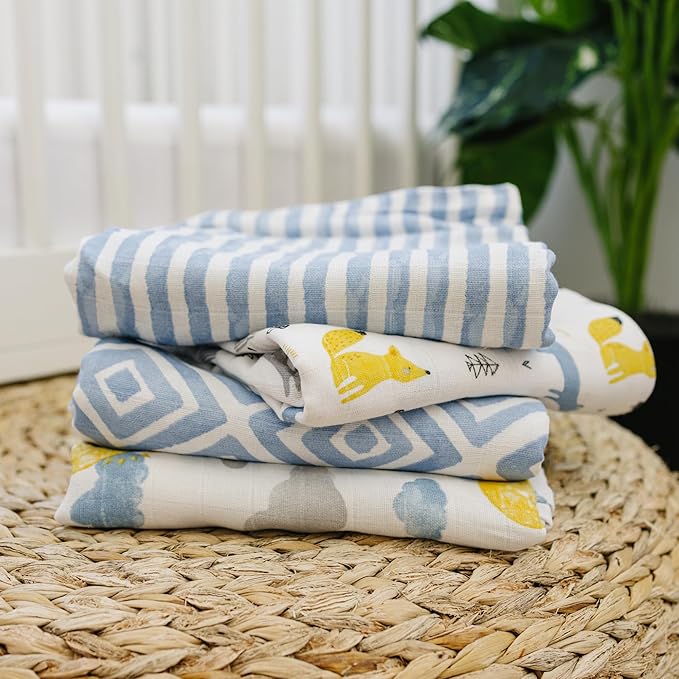 Featherhead™ 100% Cotton Muslin Swaddle Blankets for Baby Boy - Large 47”x 47” - Pre-Washed, Soft, & Breathable - Newborn Essential & Perfect Baby Registry Gift (4 Pack - Blue Foxes)