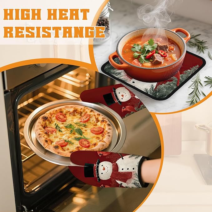Christmas Snowman Oven Mitts and Pot Holders,Cardinal Heat Resistant Oven Mitts Gloves and Pot Holder for Home Kitchen Decorations Cooking Baking BBQ Gifts,Set of 4