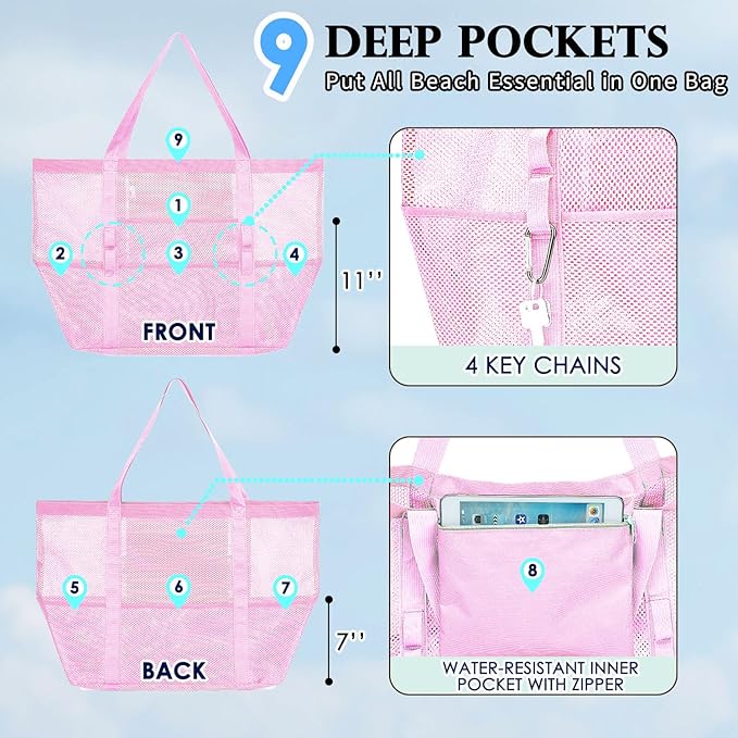 Fammart Mesh Beach Bag, Large Beach Tote with Zipper Pocket for Family Pool Bag for Toys & Vacation Essentials