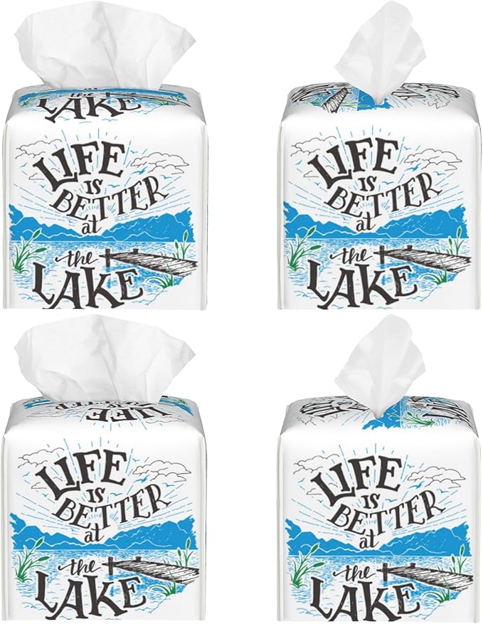 POIUBLE Leather Tissue Box Holder Life is Better at The Lake Tissue Box Cover Square Waterproof Tissue Holder Organizer Modern Napkin Holder for Bedroom Dresser Night Stand Office Desk