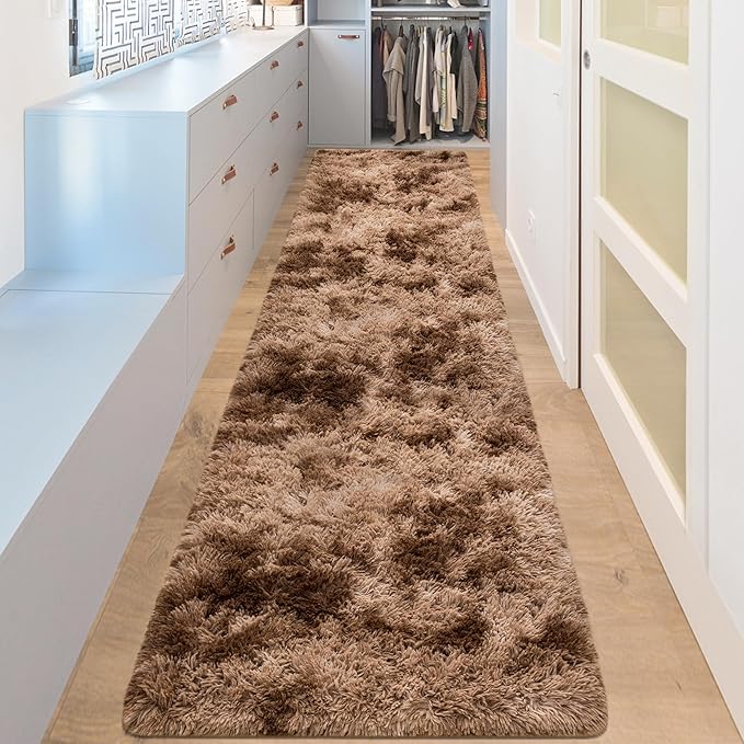 2x8 ft Plush Brown Tie Dye Rug Runner High Pile Fluffy Soft Bedside Rug Fuzzy shag Carpet for Bedroom Living Room Hallway Nursery Kids Home Decor Furry Carpet