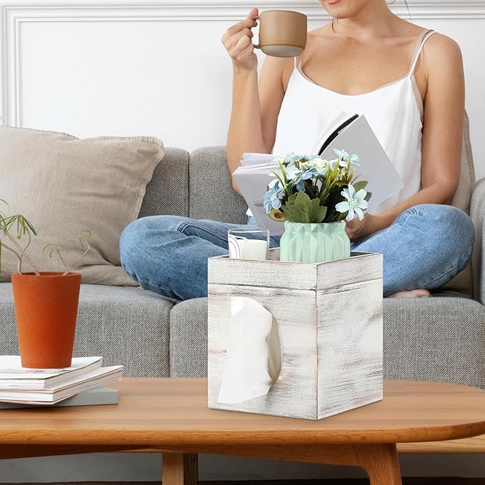 Tissue Box Cover, White Washed Solid Tissue Box Cover with Storage Tray Square Tissue Box Covers Holder for Bathroom, Bedroom, Dinner Table, Office, Tabletop 6" x 6" x 7.4"