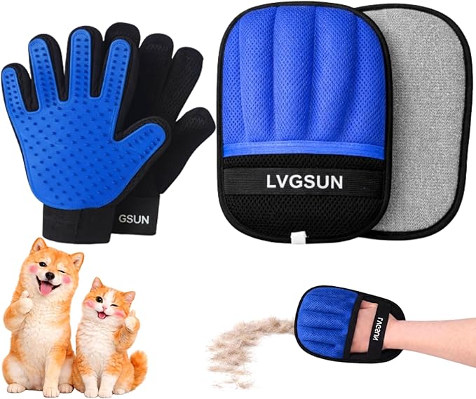 LVGSUN 3-in-1-Pet Hair Remover Gloves for Cats & Dogs, Grooming & Deshedding Mitt Set – 2 Gloves + Extra Pad, Reusable Fur Removal Tool for Shedding, Sofa, Clothes, Carpet & Car Interior