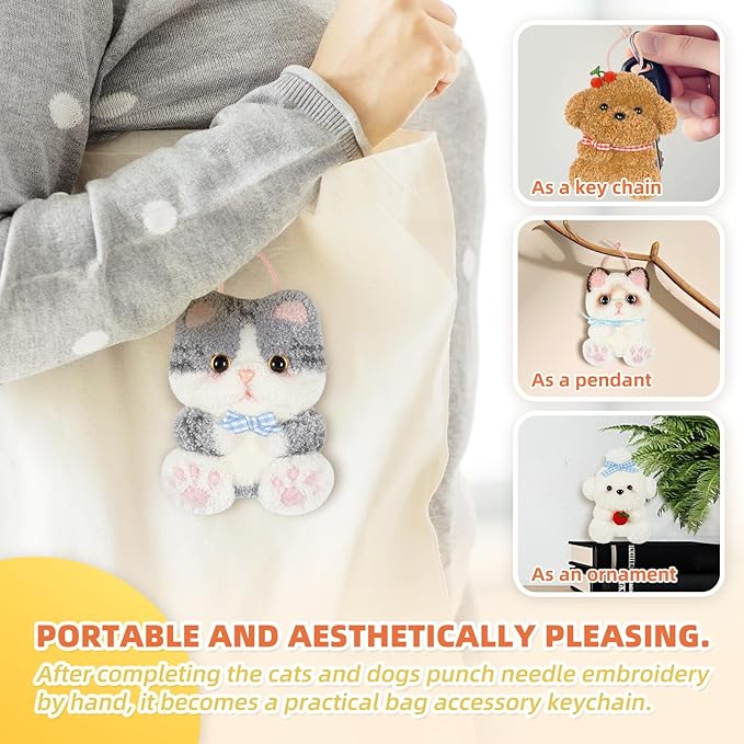 Punch Needle kit-4,Embroidery kit for Beginners,Punch Needle Kits Adults Beginner,Needles, Curved Scissors, a Tool Storage Box, Yarn, Easy-to-Follow Instructions, and Tutorial Videos(Cats and Dogs)