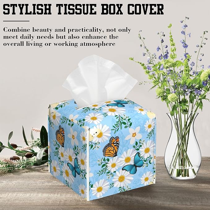 OHEGBXE Tissue Box Holder Daisy Flower and Butterfly Square Leather Tissue Box Cover Modern Cube Facial Paper Cover Case for Bathroom Vanity Countertop Night Stands Tabletop