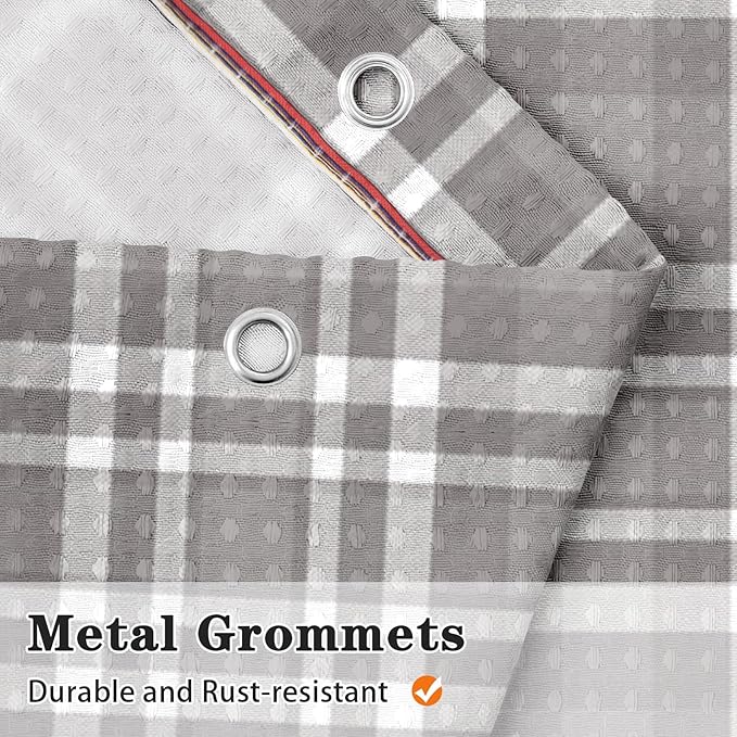 Culudea Grid Gray White Plaid Shower Curtain Set, Geometric Farmhouse Bathroom Window Waterproof Waffle Textured Cloth Shower Curtains for Bathroom Decor