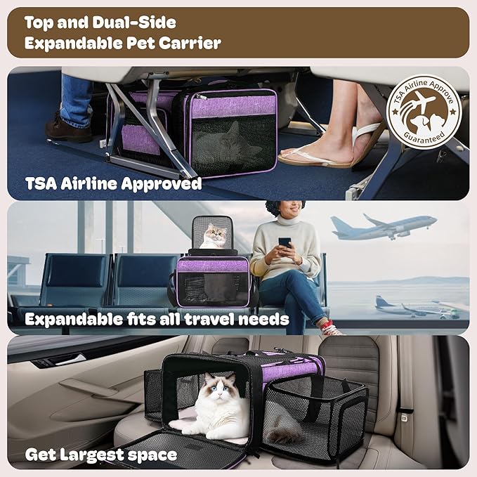 Top and 2 Sides Expandable Large Cat Carrier 18x13.5x9.5, TSA Airline Approved Dog Carriers for Large Dogs, Soft-Sided Pet Carrier with Self-Locking Zippers for Kitten,Rabbit, Puppy Purple