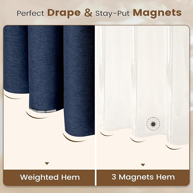 BTTN 3 in 1 Shower Curtain with Liner - 84 Inch Extra Long Linen Textured Fabric Shower Curtain Set with Plastic Hook, Tall Modern Heavy Duty Waterproof Shower Curtain for Bathroom, Navy Blue, 72x84
