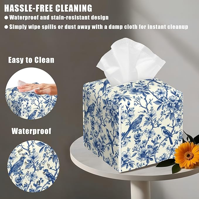 BLYKVGHQ Bird on Blooming Branches Tissue Box Cover Square, Blue Flower Tissue Box Holder with Bottom Belt Leather Facial Paper Organizer Dispenser for Bathroom Bedroom Dresser Night Stand Tabletop