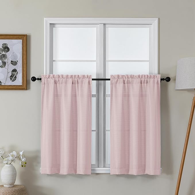 Lecloud Bessie Blush Pink Kitchen Curtains 36 Inch Length 2 Panels Set, Faux Linen Textured Curtain Tiers, Light-Filtering Window Short Curtains for Basement Dining Room, Each 30 W x 36 L