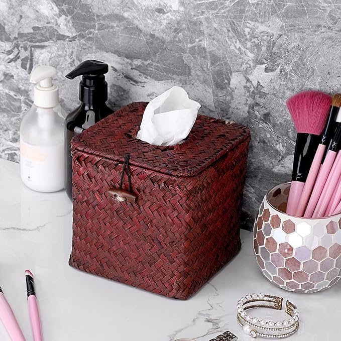 Sumnacon Tissue Box Cover Square Seagrass Tissue Box with Lid, Woven Tissue Box Holder Rustic Cube Tissue Cover for Bathroom Toilet Bedroom Living Room Kitchen Table Desk Office Car, Red Brown