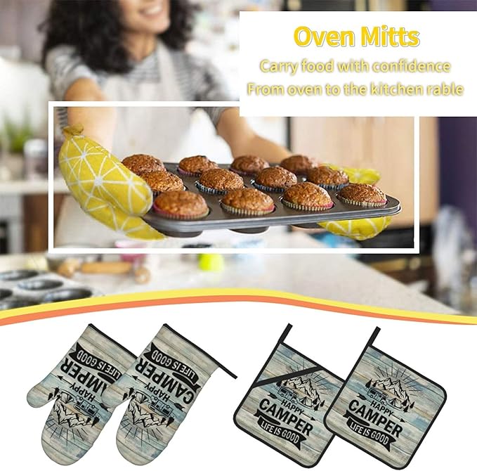 Happy Camper Oven Mitts and Pot Holders Sets of 4,Resistant Hot Pads with Polyester Non-Slip BBQ Gloves for Kitchen,Cooking,Baking,Grilling
