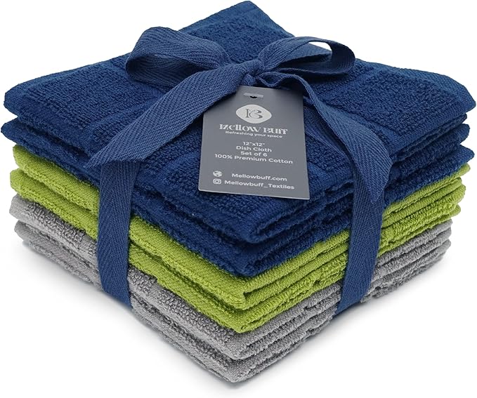 Mellow Buff 100% Cotton Terry Dish Cloth & Dish Towel, 6 Pack, Super Soft and Absorbent Kitchen Towels, Perfect for Kitchen Cleaning and Dish Washing (Assorted 6 Pack)