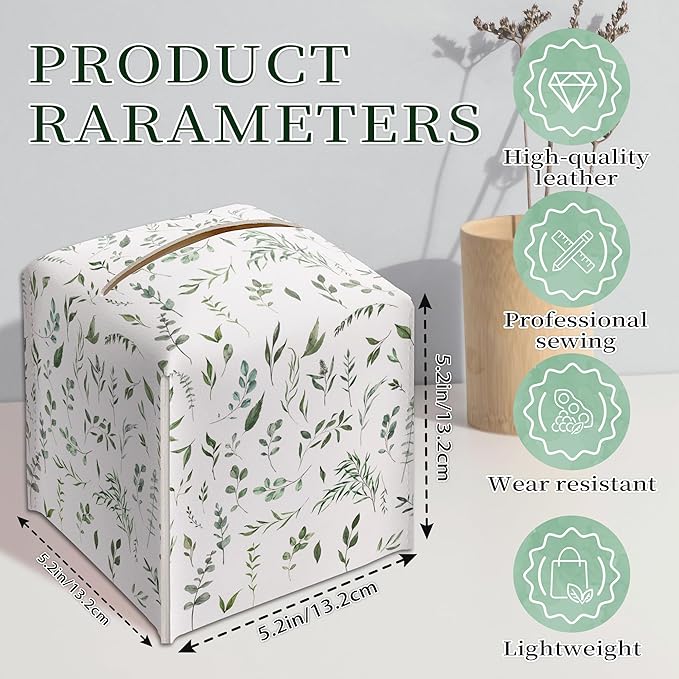 Sage Green Tissue Box Holder, Modern Leather Tissue Box Cover Square with Bottom Belt, Paper Napkins Everyday Dispenser Accessories for Bathroom Night Stands Kitchen Office Car Home Decor