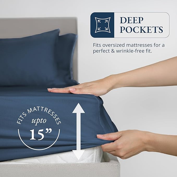 LANE LINEN Full Fitted Sheet, 100% Organic Cotton, 3Pc Set (1 Fitted Sheet,2 Pillowcases), Percale Weave, Full Bed Bottom Sheet, Ultra Soft, Fits Mattress Upto 15" Deep - Estate Blue (No Flat Sheet)