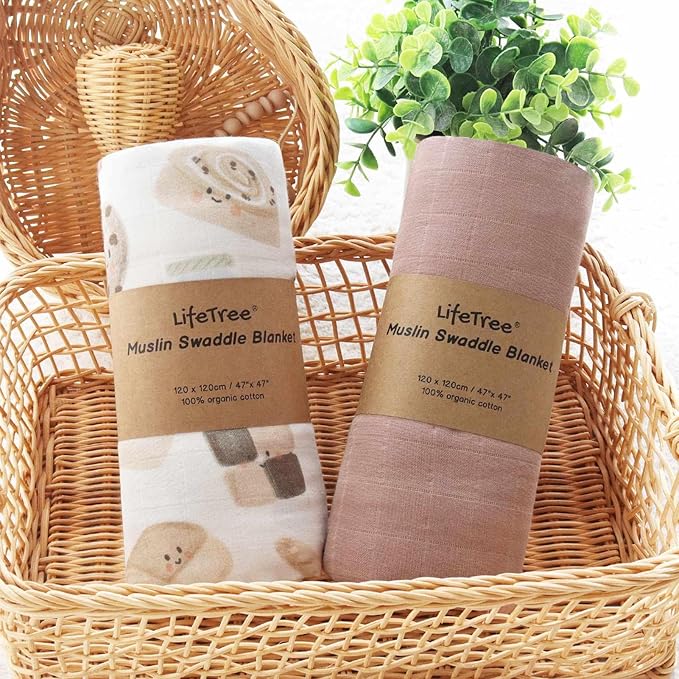 LifeTree Baby Swaddle Blankets Girls, Organic Muslin Swaddle Blankets Unisex Swaddling Wrap Receiving Blanket for Newborn, Organic Cotton, Large 47 x 47 inches, Bread and Brown