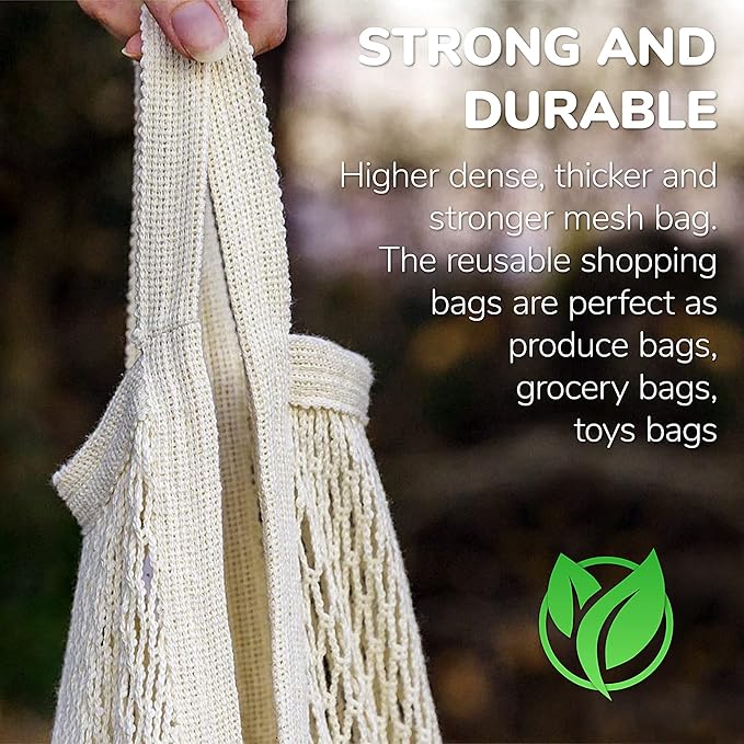 MERCURHOUSE 3 pack Cotton String Shopping Bags Reusable Washable Grocery Mesh Bags Organizer for Grocery Shopping Produce Net Bags with Longhandle for Fruit Vegetable Storage