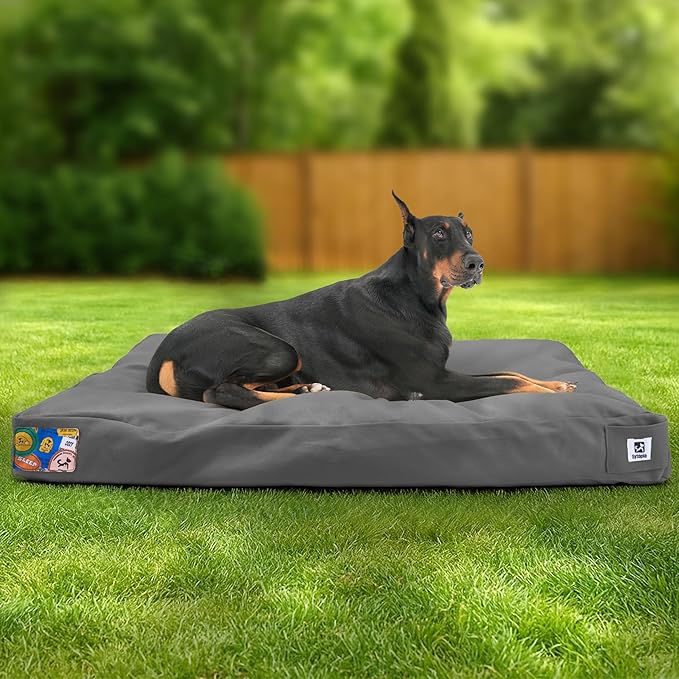 Sytopia 42'' Canvas Indestructible Outdoor Dog Bed with Waterproof Washable Removable Cover for Extra Large Dogs, Indoor and Patio Pet Pad, Dark Grey